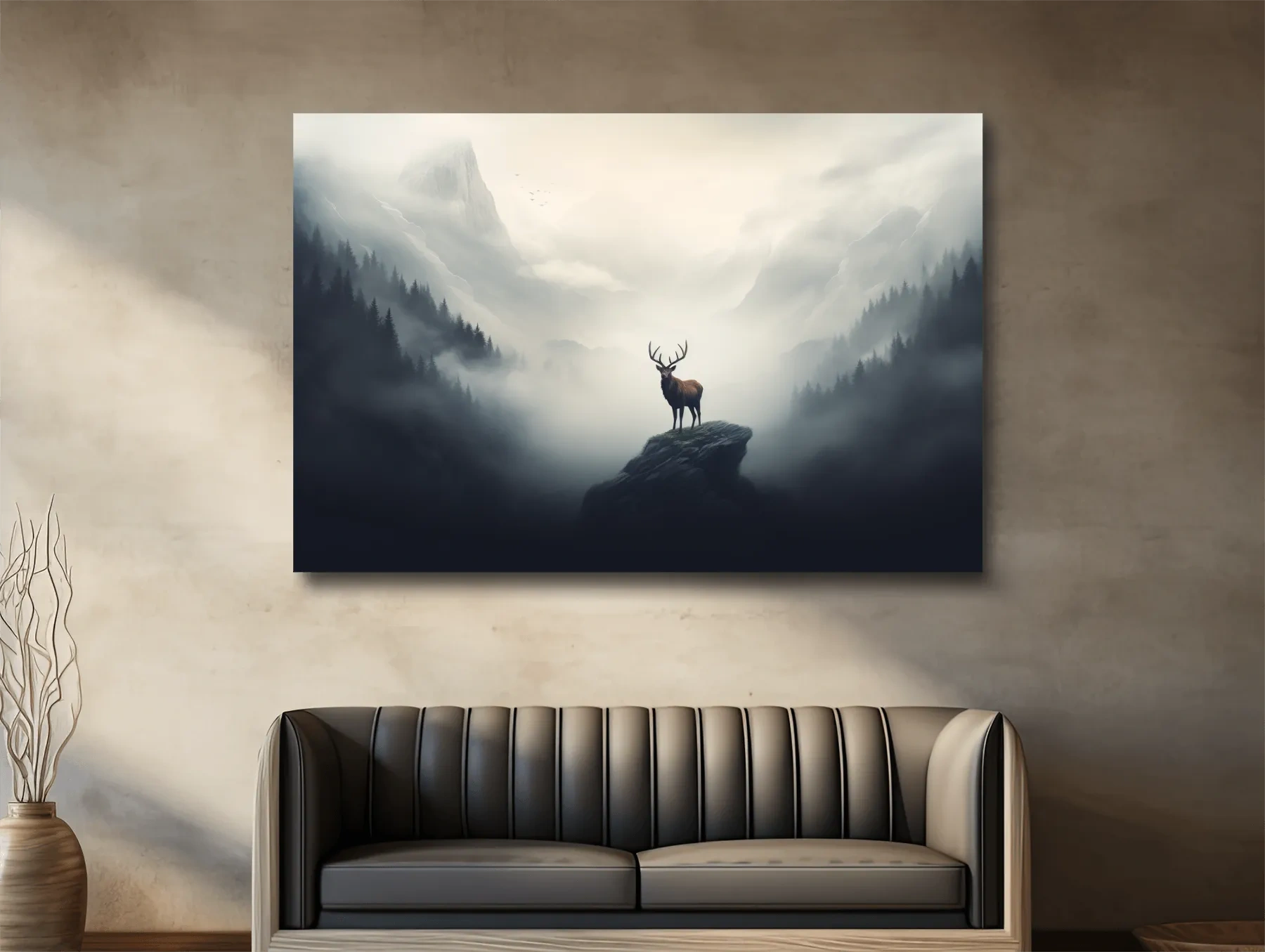 Majestic Stag On Rocky Peak - Misty Mountain Forest Wall Art