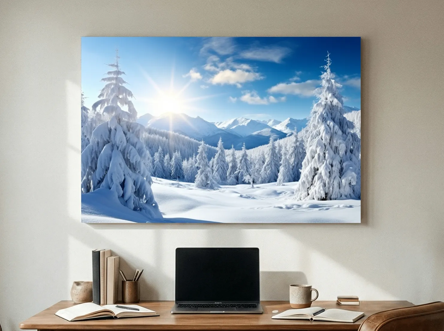 Sunlit Snowy Mountain Winter Landscape - Photographic Alpine Forest Wall Art