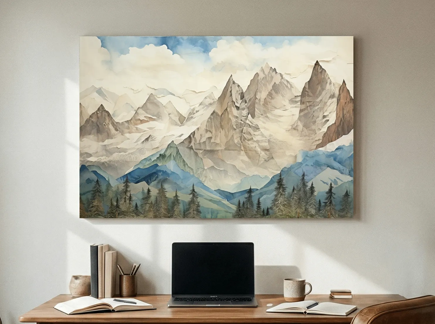 Misty Paper Cut-out Alpine Mountain Range - Serene Forest Landscape Wall Art