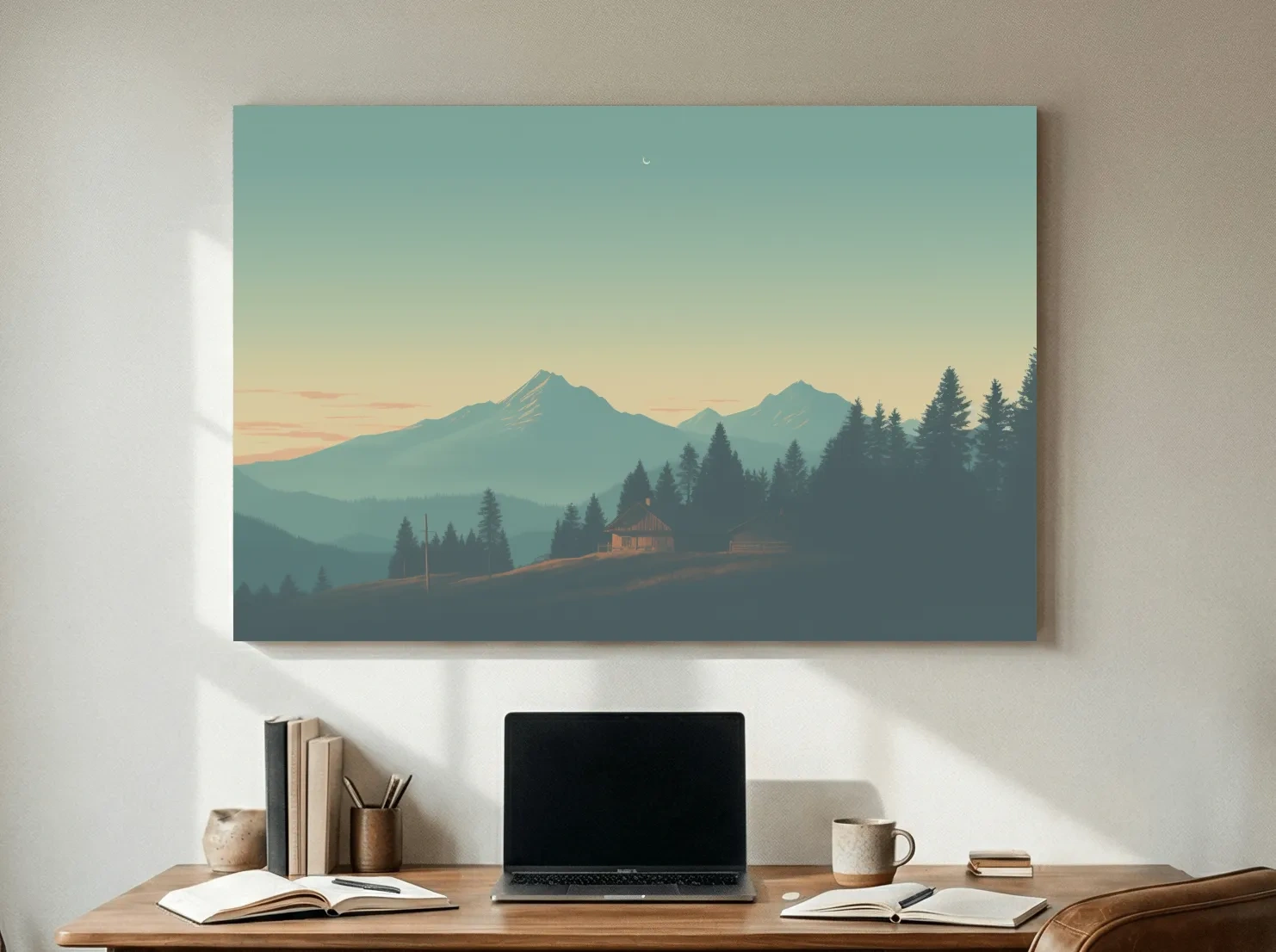 Hazy Alpine Cabin Mountain Sunset - Serene Vintage Landscape Wall Art