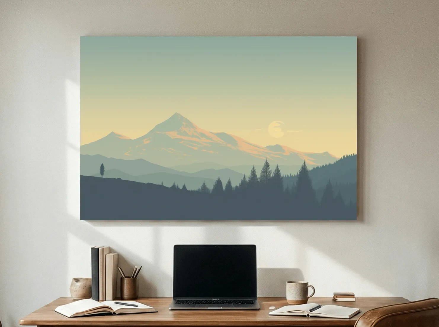 Minimalist Misty Mountain Sunrise Landscape - Serene Alpine Forest Wall Art