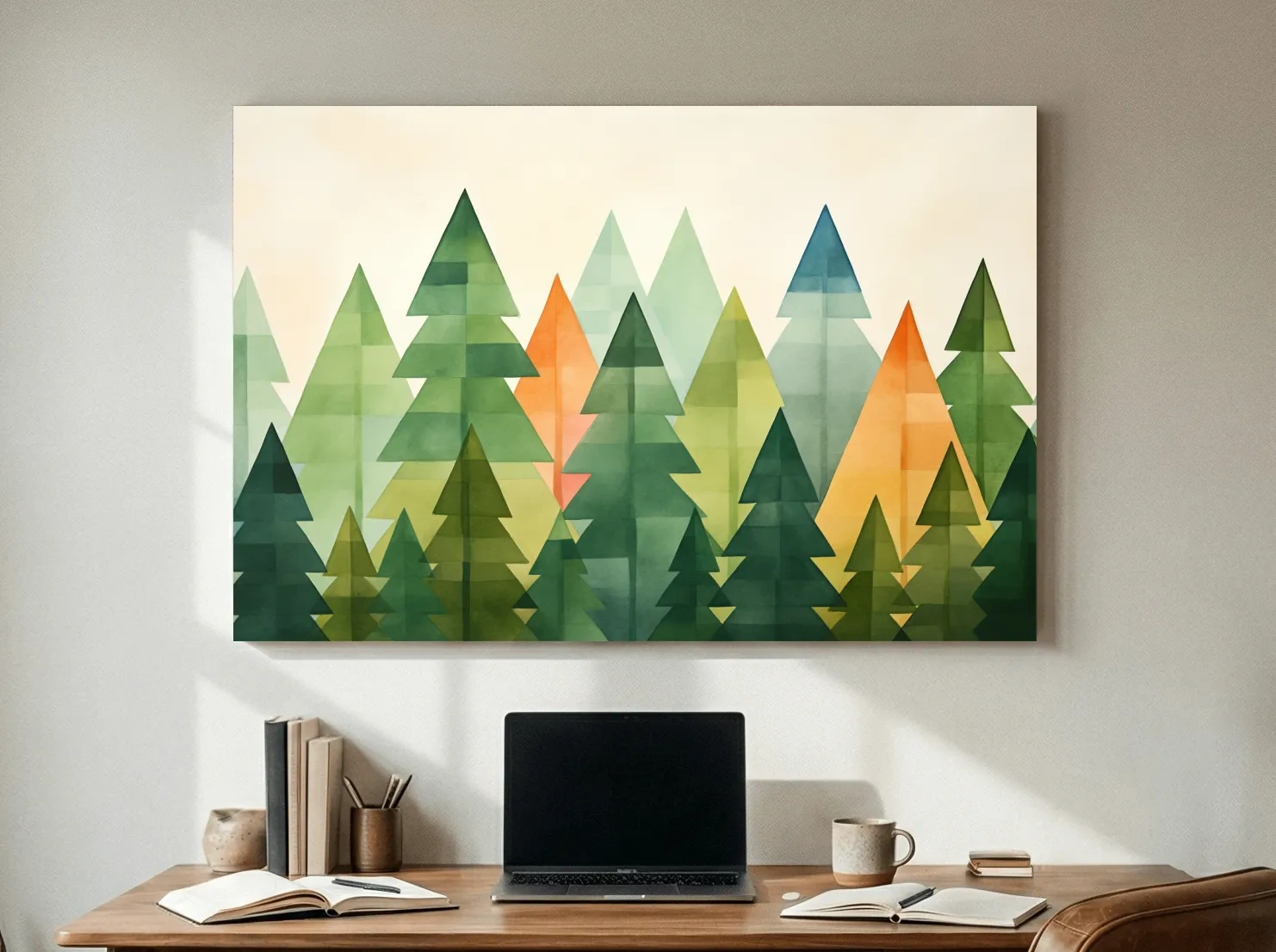 Geometric Watercolor Pine Forest Landscape - Modern Scandinavian Nature Wall Art