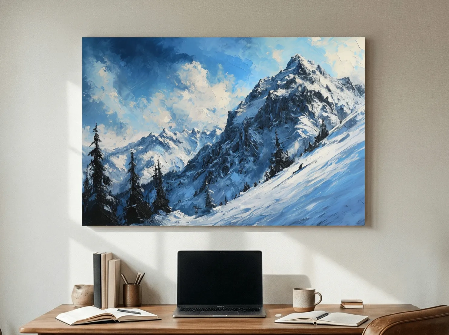 Alpine Snowy Peak Oil Painting - Moody Mountain Landscape Wall Art