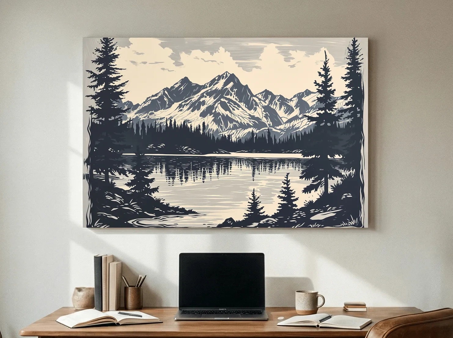 Vintage Alpine Lake Mountain Illustration - Monochrome Linocut Style Artwork