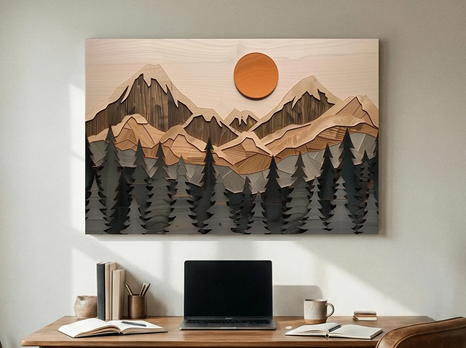Rustic Geometric Wood Grain Mountain Sunrise - Pine Forest Landscape Wall Art