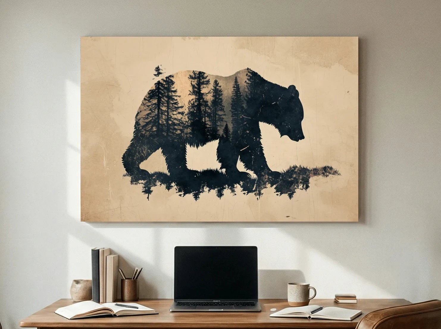 Vintage Grizzly Bear Forest Silhouette - Rustic Sepia Double Exposure Wildlife Wall Art