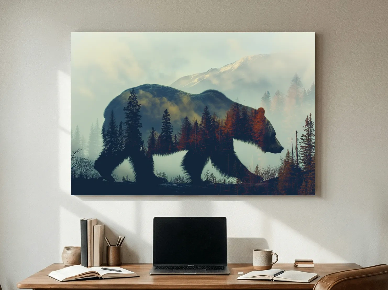 Moody Double Exposure Grizzly Bear Silhouette - Misty Pine Forest Mountain Wall Art