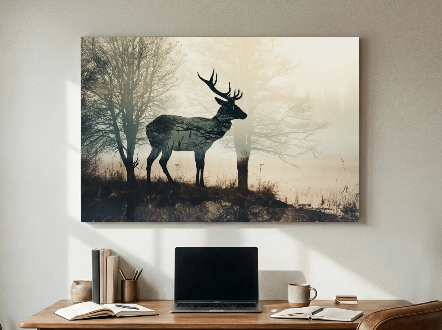 Misty Deer Silhouette Forest Landscape - Double Exposure Wildlife Photography Wall Art