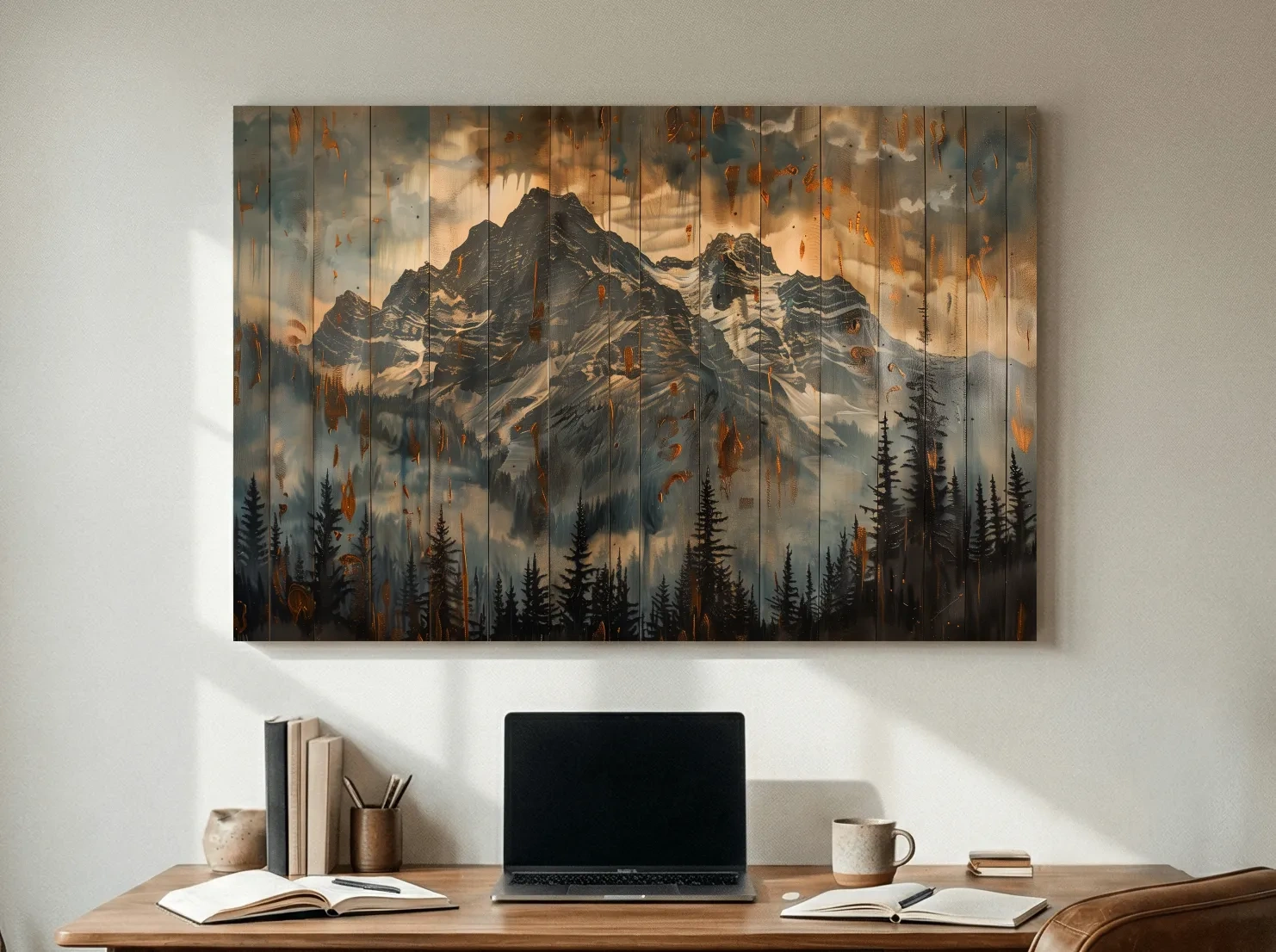 Rustic Mountain Range Painting - Alpine Forest Wood Panel Wall Art