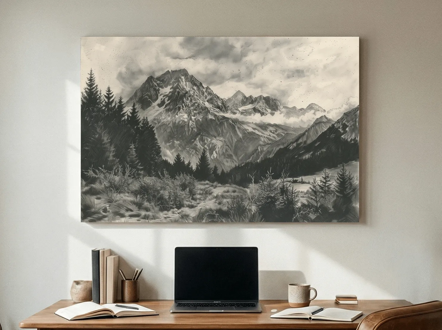 Monochrome Alpine Meadows Mountain Range - Vintage Sketch Landscape Wall Art
