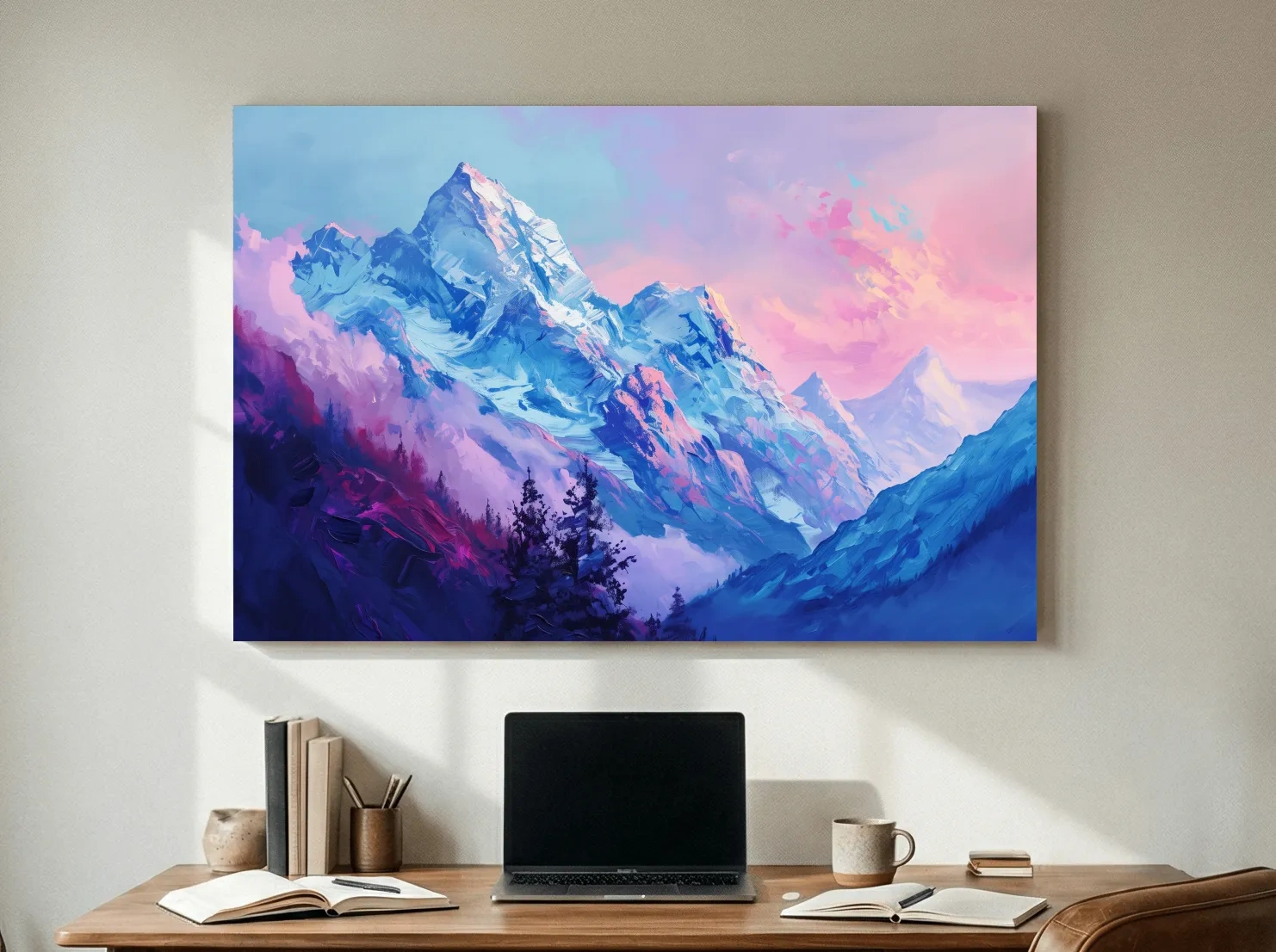 Vibrant Impressionism Alpine Mountain Painting - Colorful Snowy Peaks Wall Art
