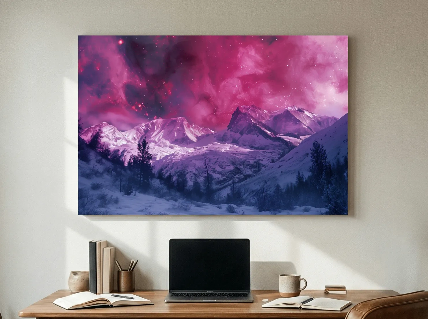 Surreal Nebula Galaxy Alpine Glacier Landscape - Cosmic Winter Night Sky Wall Art