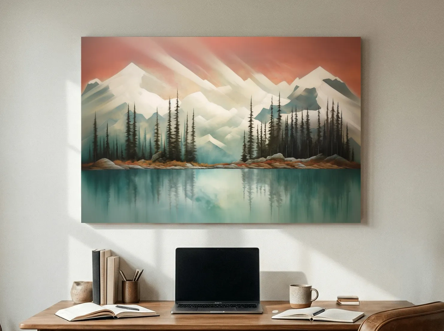Abstract Alpine Lake Landscape Painting - Serene Pine Forest Mountain Wall Art