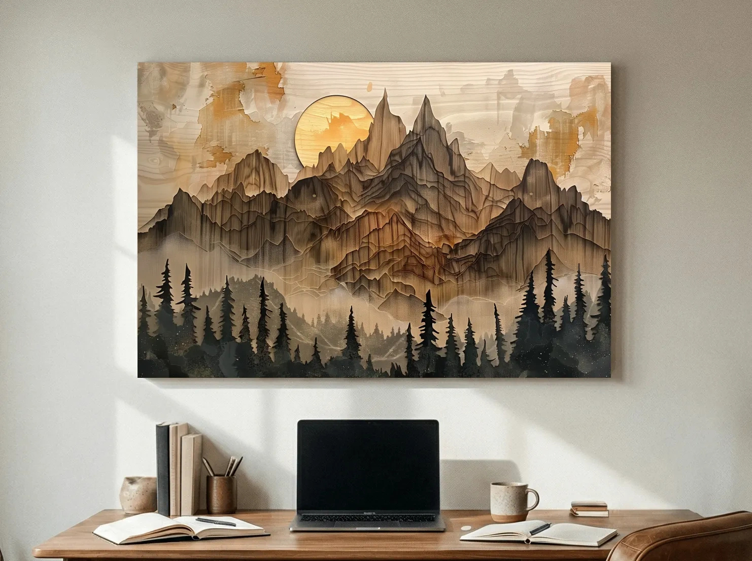 Rustic Mountain Sunset Landscape - Woodcut Style Alpine Wall Art