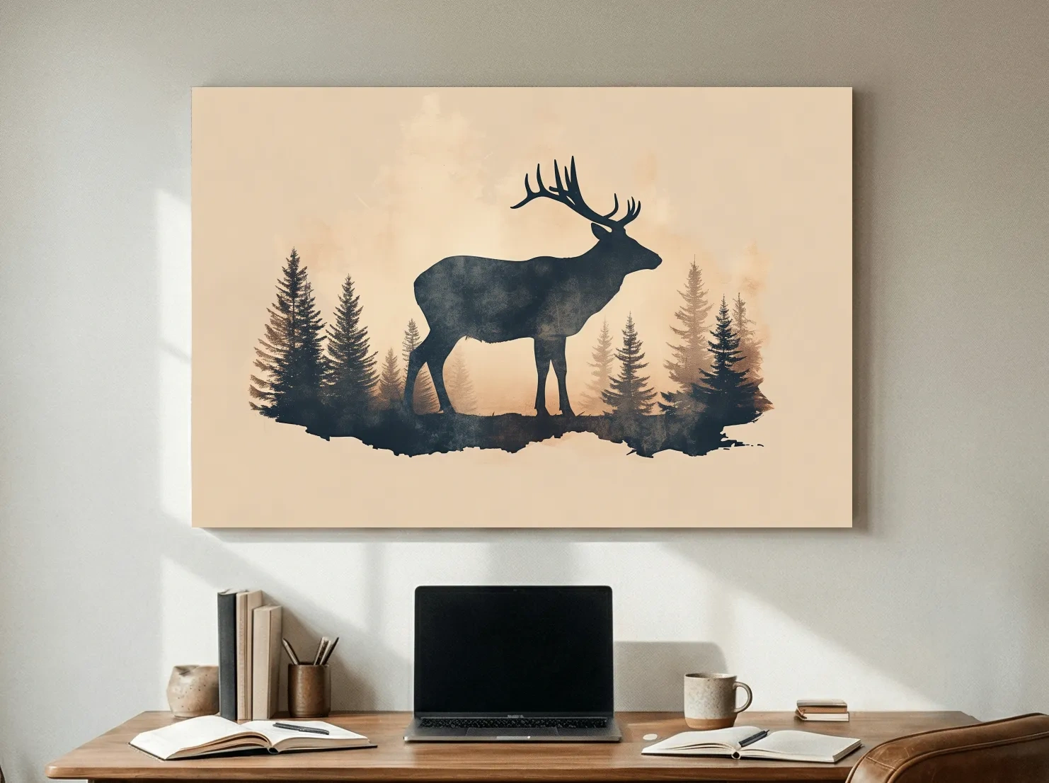 Vintage Sepia Deer Silhouette In Pine Forest - Rustic Woodland Artwork