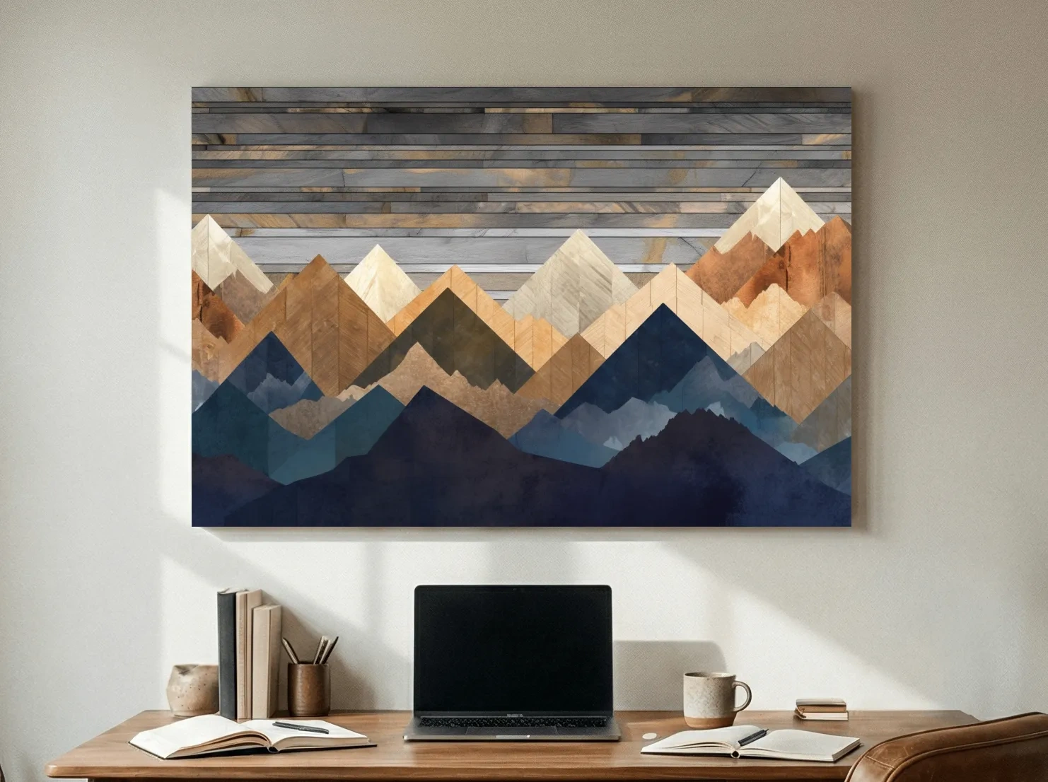Geometric Layered Mountain Peaks - Rustic Wood Texture Abstract Wall Art