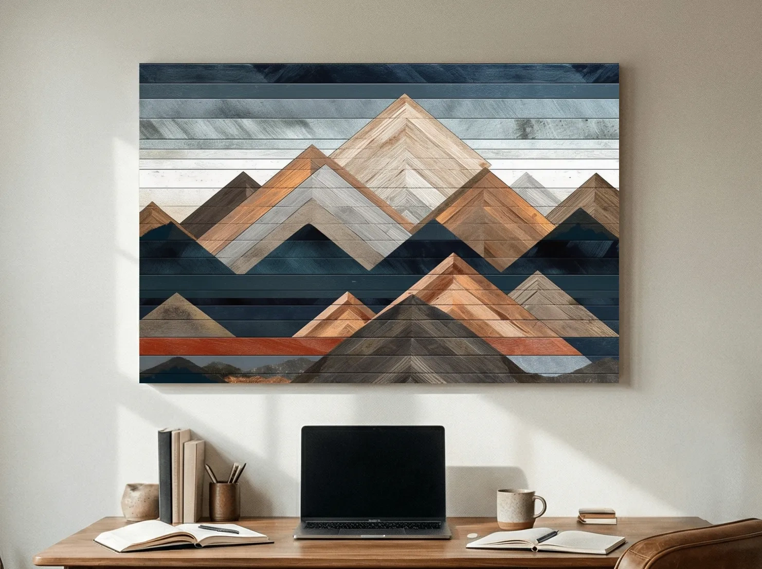 Geometric Woodgrain Mountain Peaks - Modern Abstract Landscape Wall Art