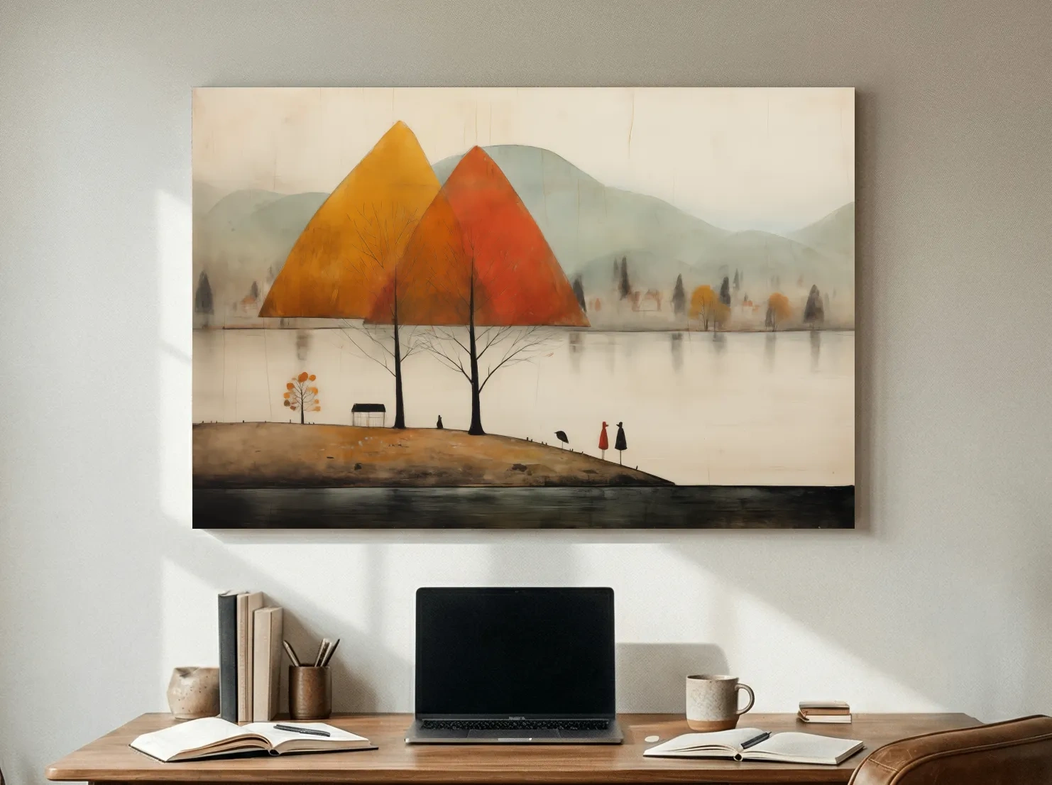 Autumn Mountains Over Misty Lakeside - Quirky Landscape Artwork
