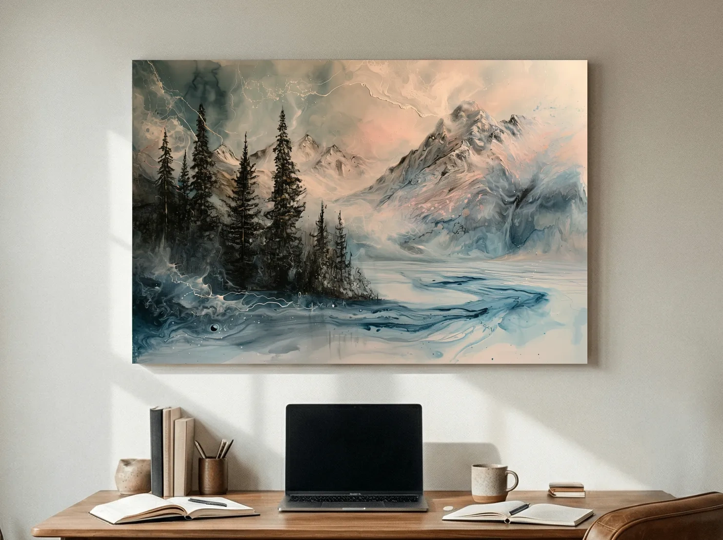 Ethereal Mountain Lake Alpine Forest - Moody Abstract Alcohol Ink Wall Art