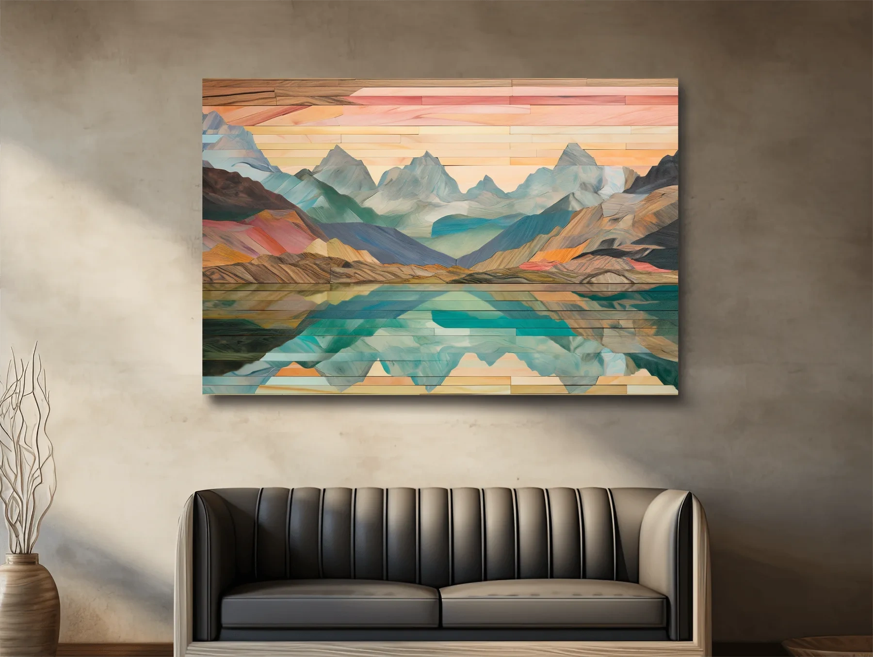 Alpine Lake Mountain Reflection - Layered Wooden Style Landscape Wall Art