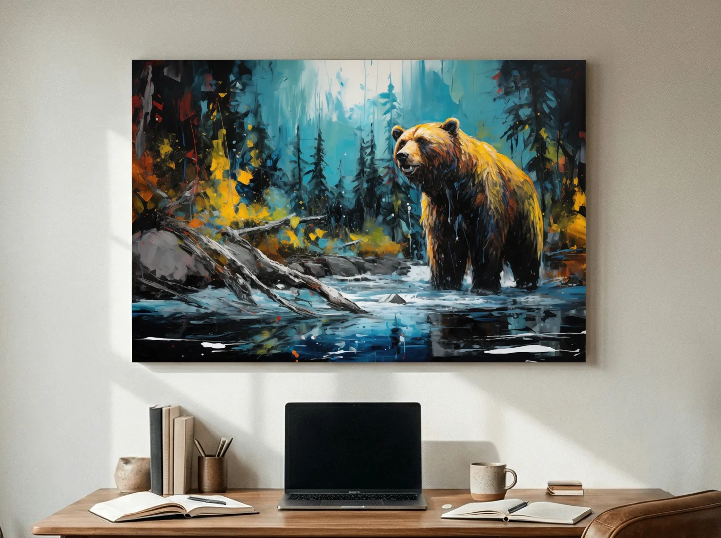 Grizzly Bear Forest River Painting - Vibrant Wildlife Nature Wall Art