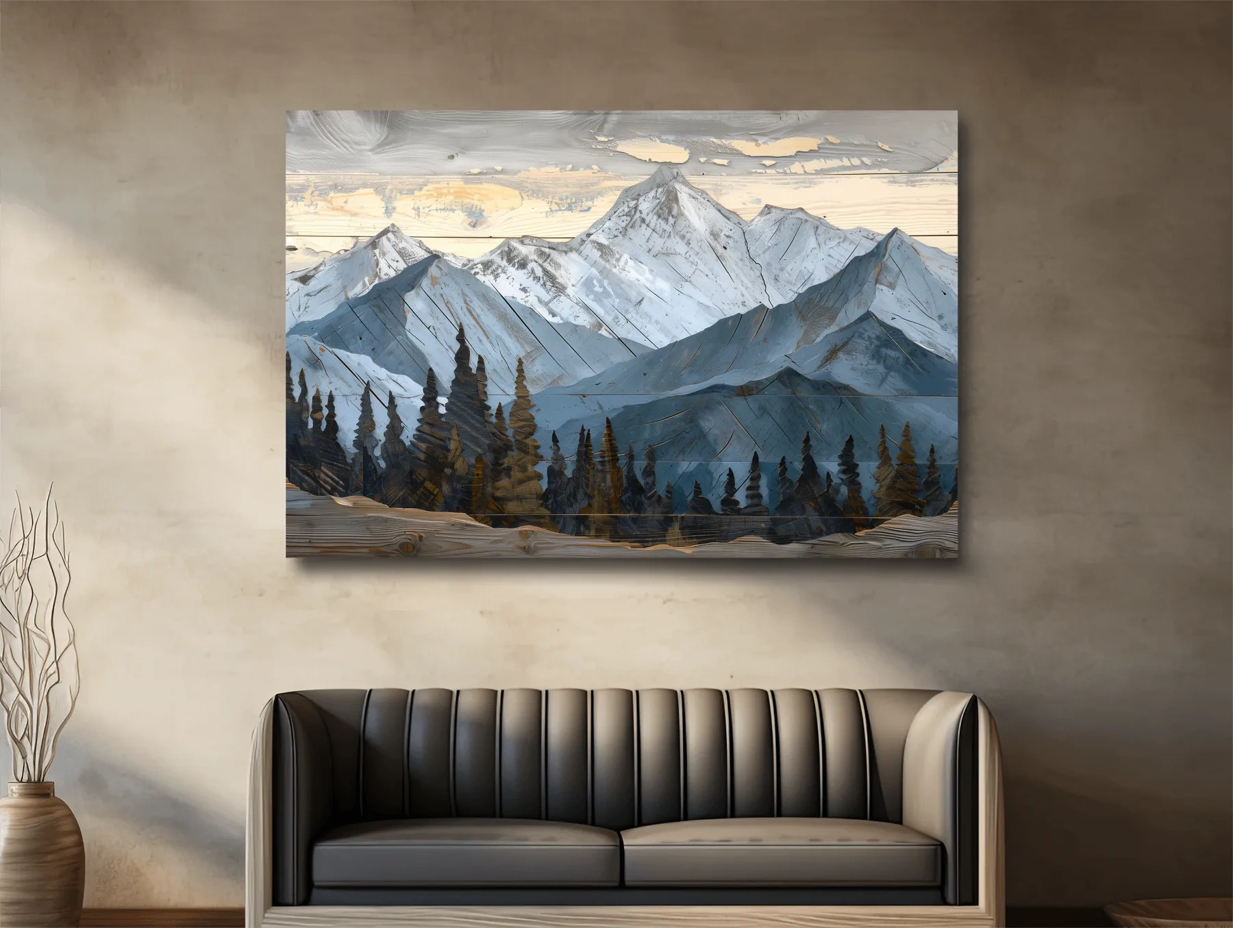 Alpine Forest Mountain Range Artwork - Rustic Woodgrain Landscape Wall Art
