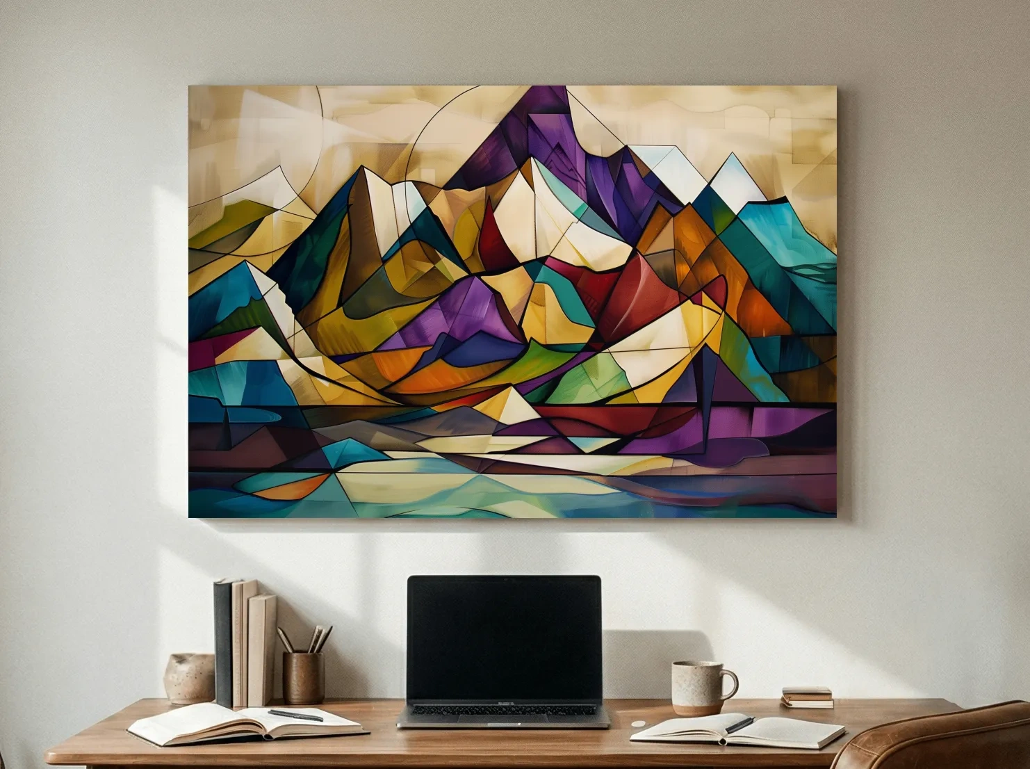 Vibrant Leadlight Style Mountain Range Painting - Abstract Colorful Stained Glass Wall Art