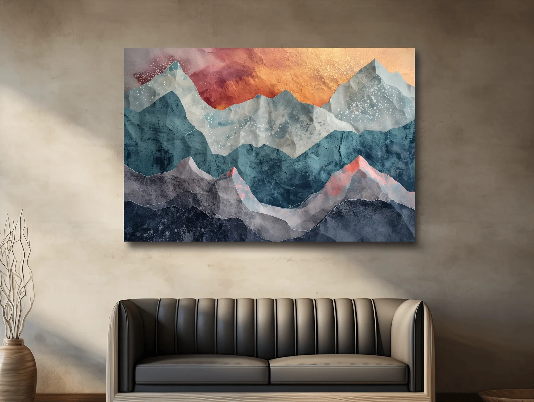 Layered Abstract Mountain Range Sunset - Modern 3D Mixed Media Landscape Wall Art