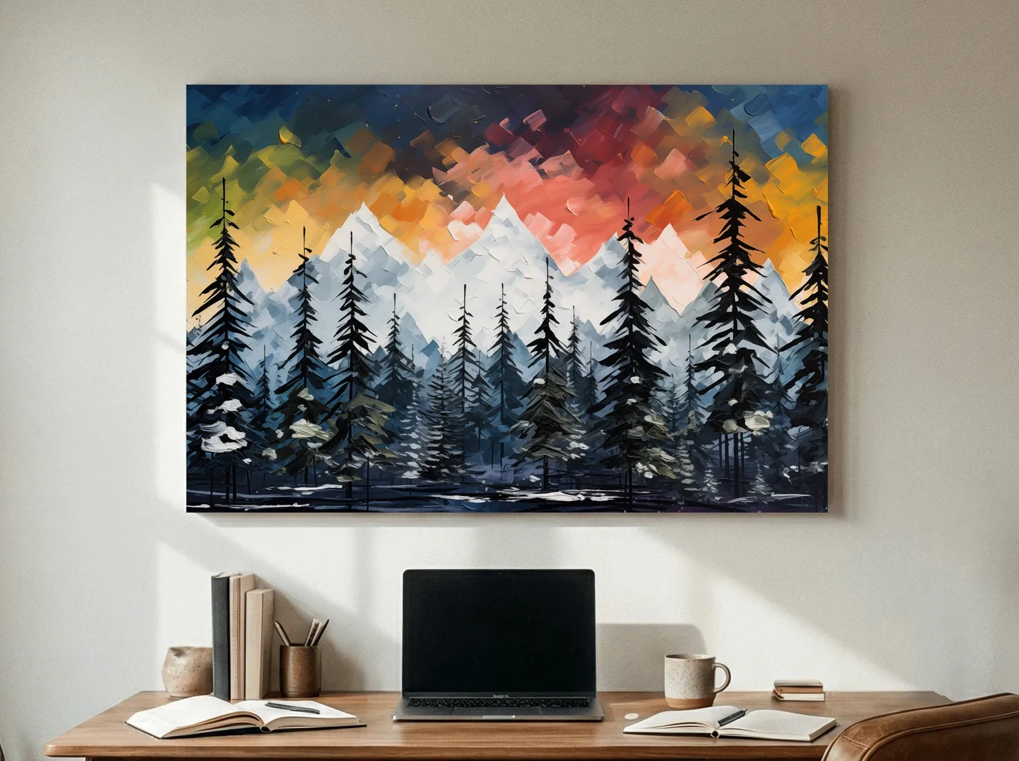 Moody Alpine Mountain Sunset With Pine Forest - Palette Knife Painting Style Landscape Art