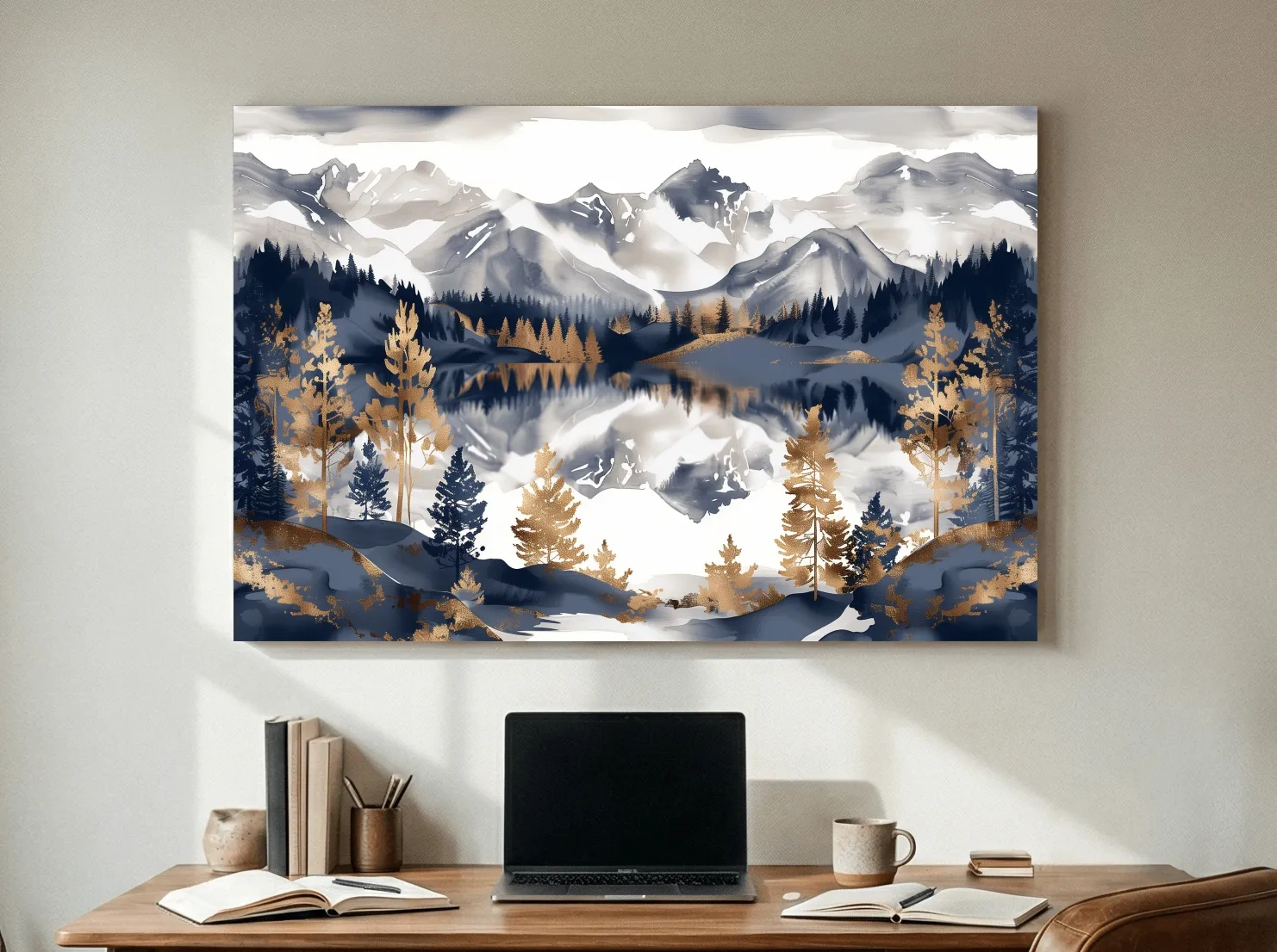 Gold Leaf Style Watercolor Alpine Lake Reflection - Mountain Landscape Artwork