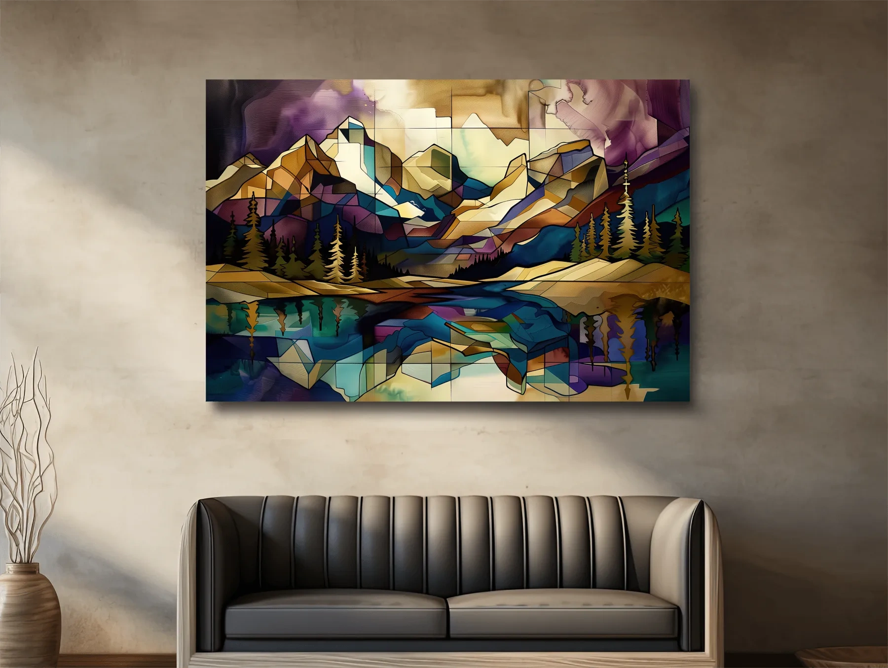 Treelined alpine lake and mountain scene, mixed media style colorful abstract painting