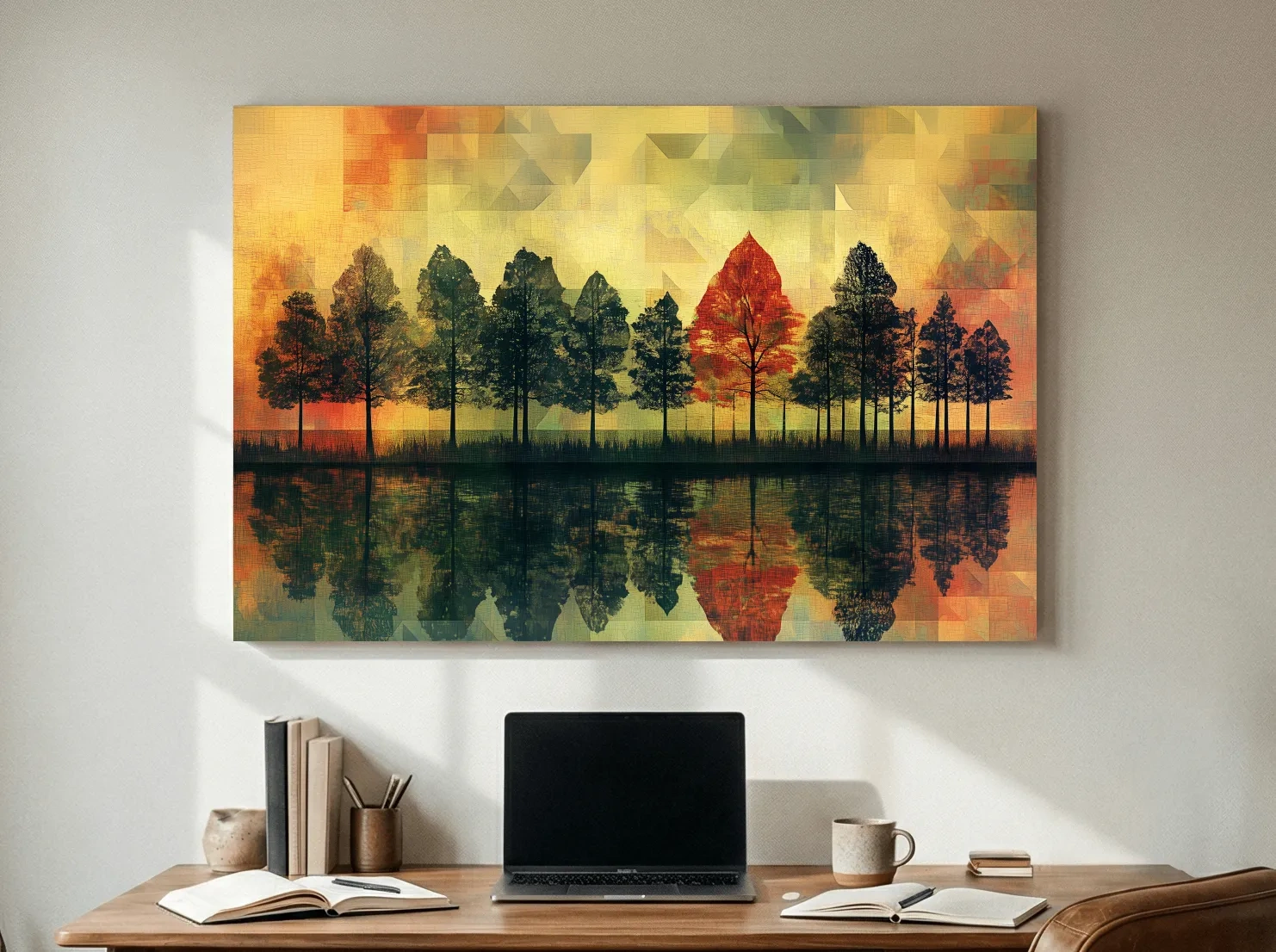 Abstract Geometric Autumn Forest Reflection - Modern Mosaic Landscape Artwork
