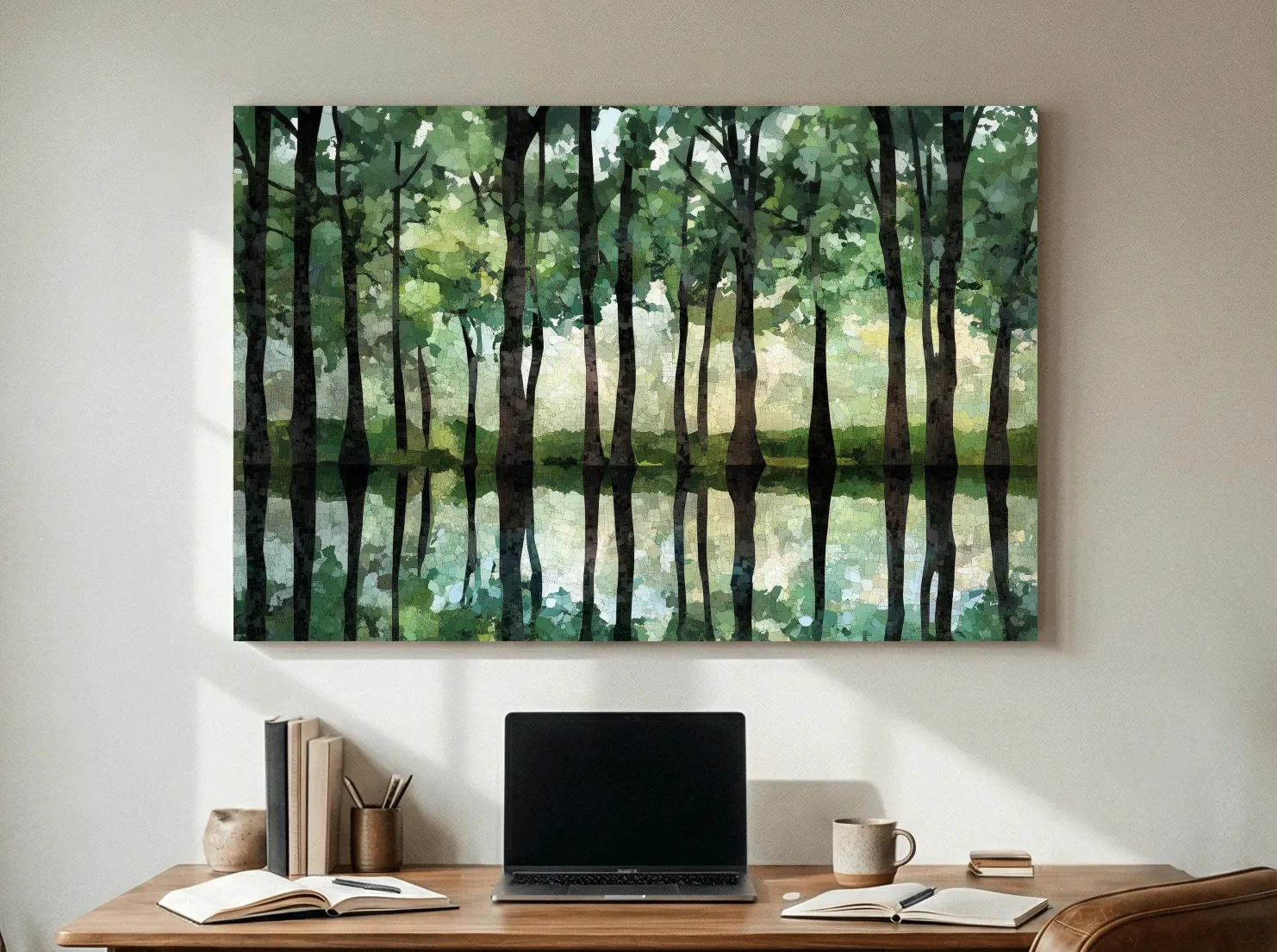 Mosaic Watercolor Forest Lake Reflection - Serene Nature Landscape Wall Art