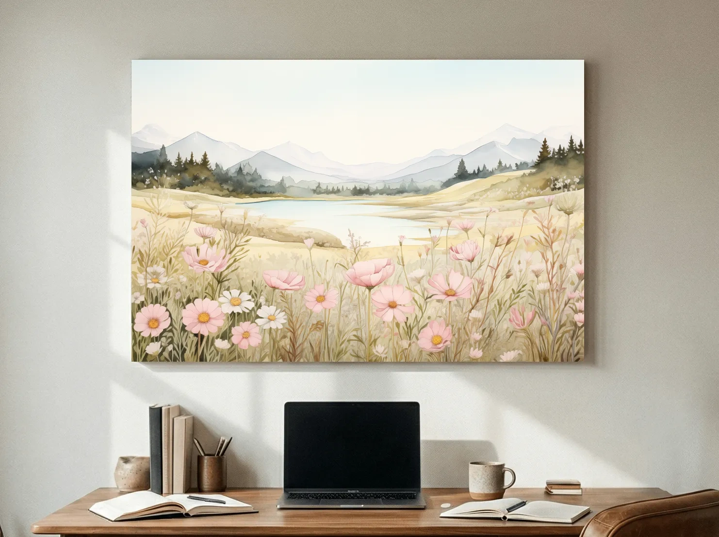 Soft Watercolor Wildflower Meadow Landscape - Serene Pastel Alpine Wall Art