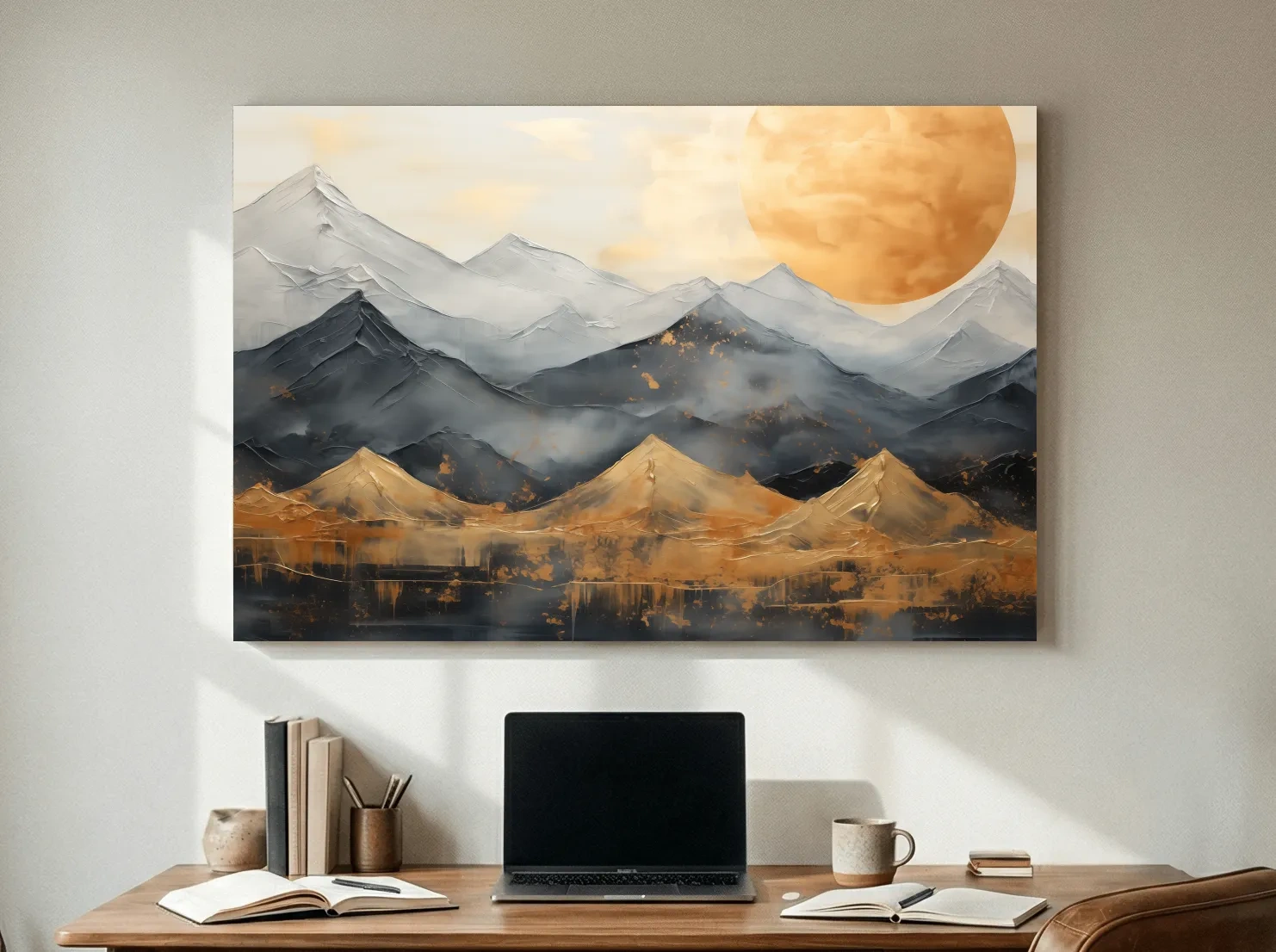 Gold Leaf Style Abstract Mountain Range Sunset - Modern Landscape Wall Art