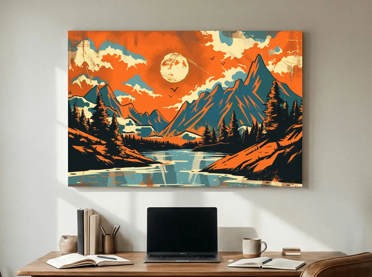 Vibrant Retro Mountain Lake Sunset Illustration - Bold Vector Landscape Wall Art