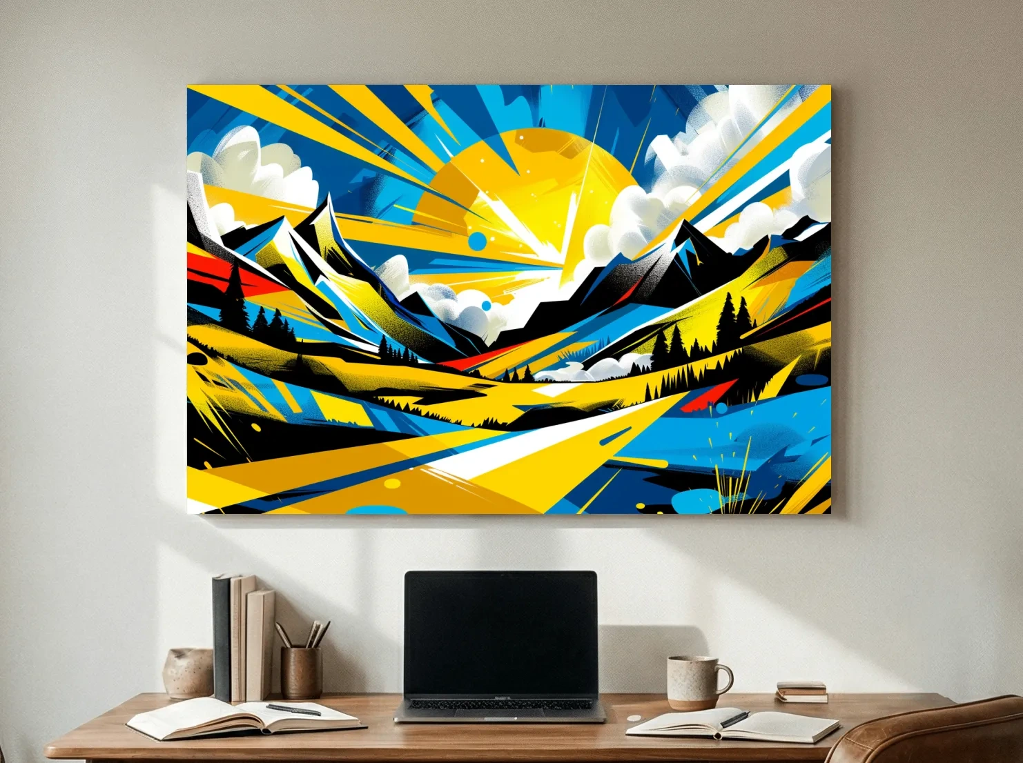 Vibrant Geometric Graffiti Mountain Sunset Landscape - Bold Pop Art Style Wall Art