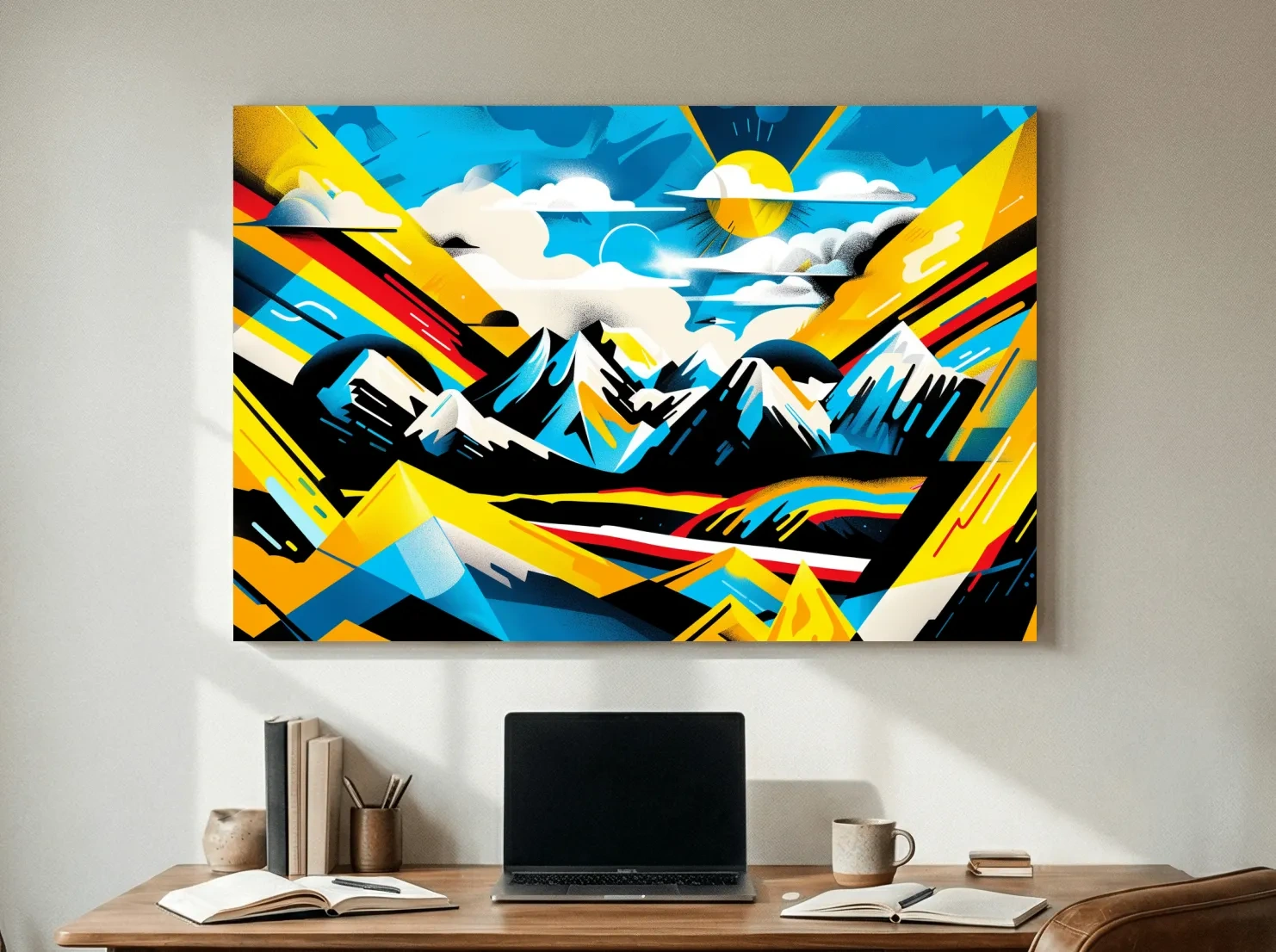 Vibrant Colorful Mountain Sunrise Illustration - Graffiti Style Landscape Wall Art