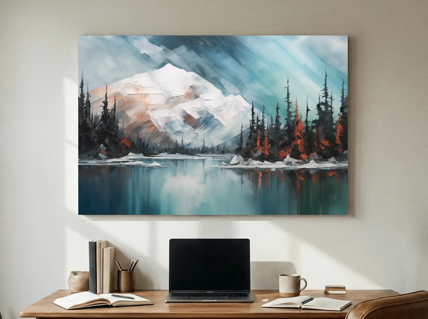 Alpine Glacier Lake Impasto Style Painting - Textured Forest Wall Art