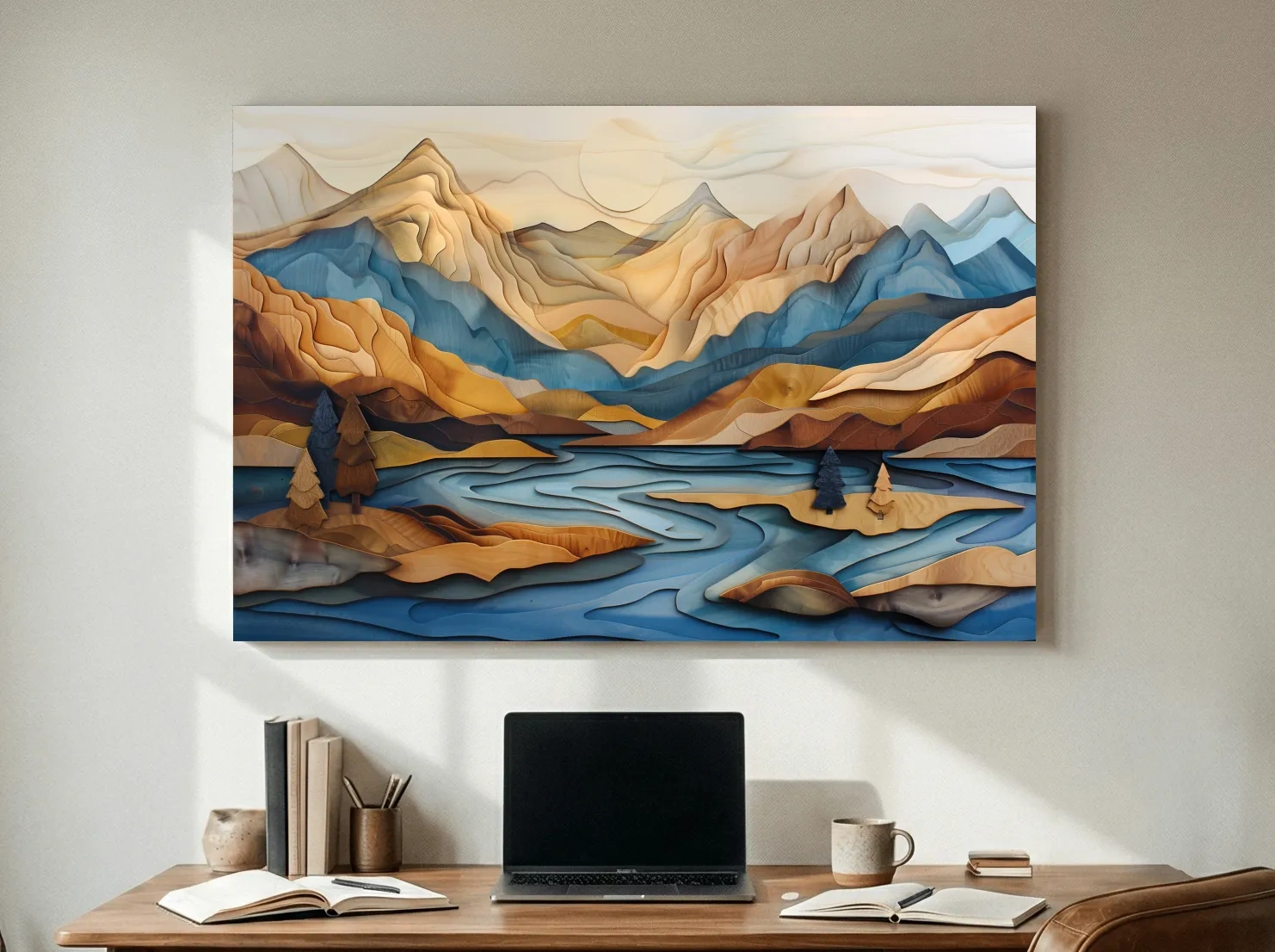 Wood Intarsia Style Alpine Mountain Lake Landscape - Modern Abstract Wall Art