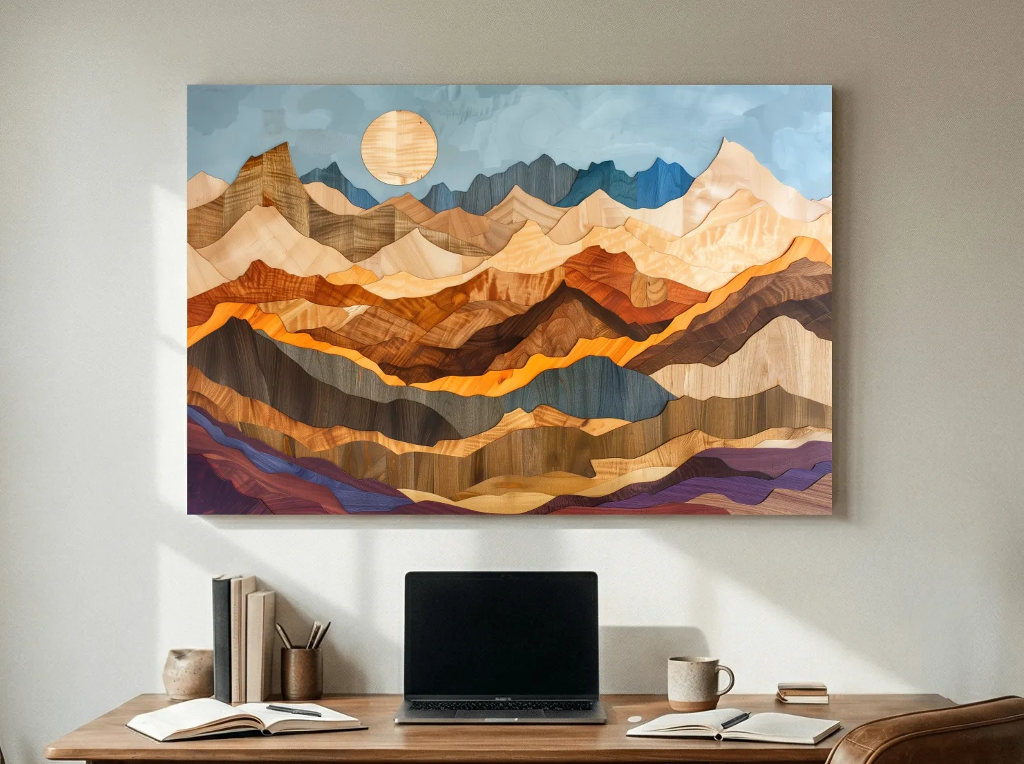 Layered Wooden Mountain Range - Intarsia Style Canvas Wall Art