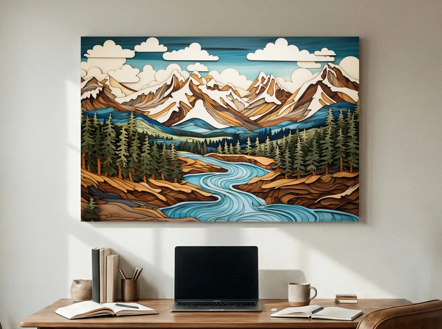 Intarsia Style Mountain River Landscape - Rustic Alpine Forest Artwork