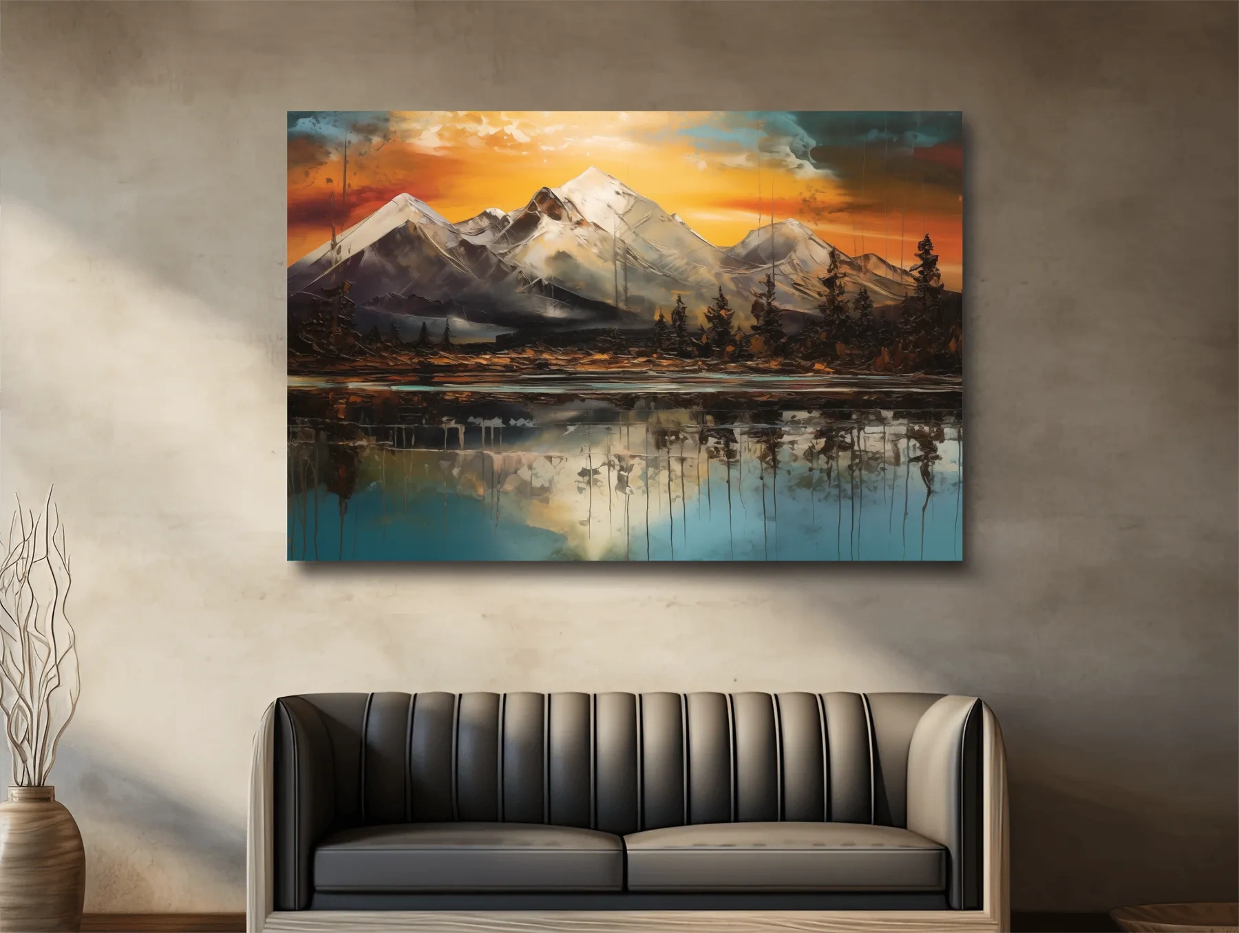 Abstract oil painting of an alpine lake at sunset