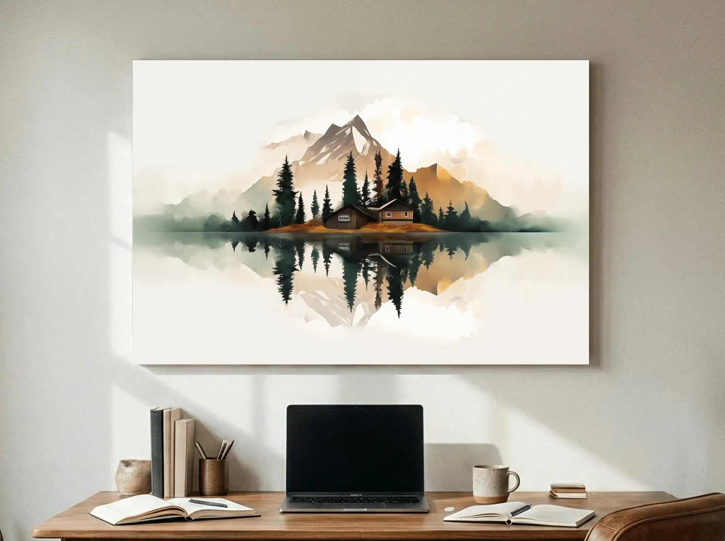 Minimalist Mountain Cabin Lake Reflection - Misty Watercolor Landscape Wall Art