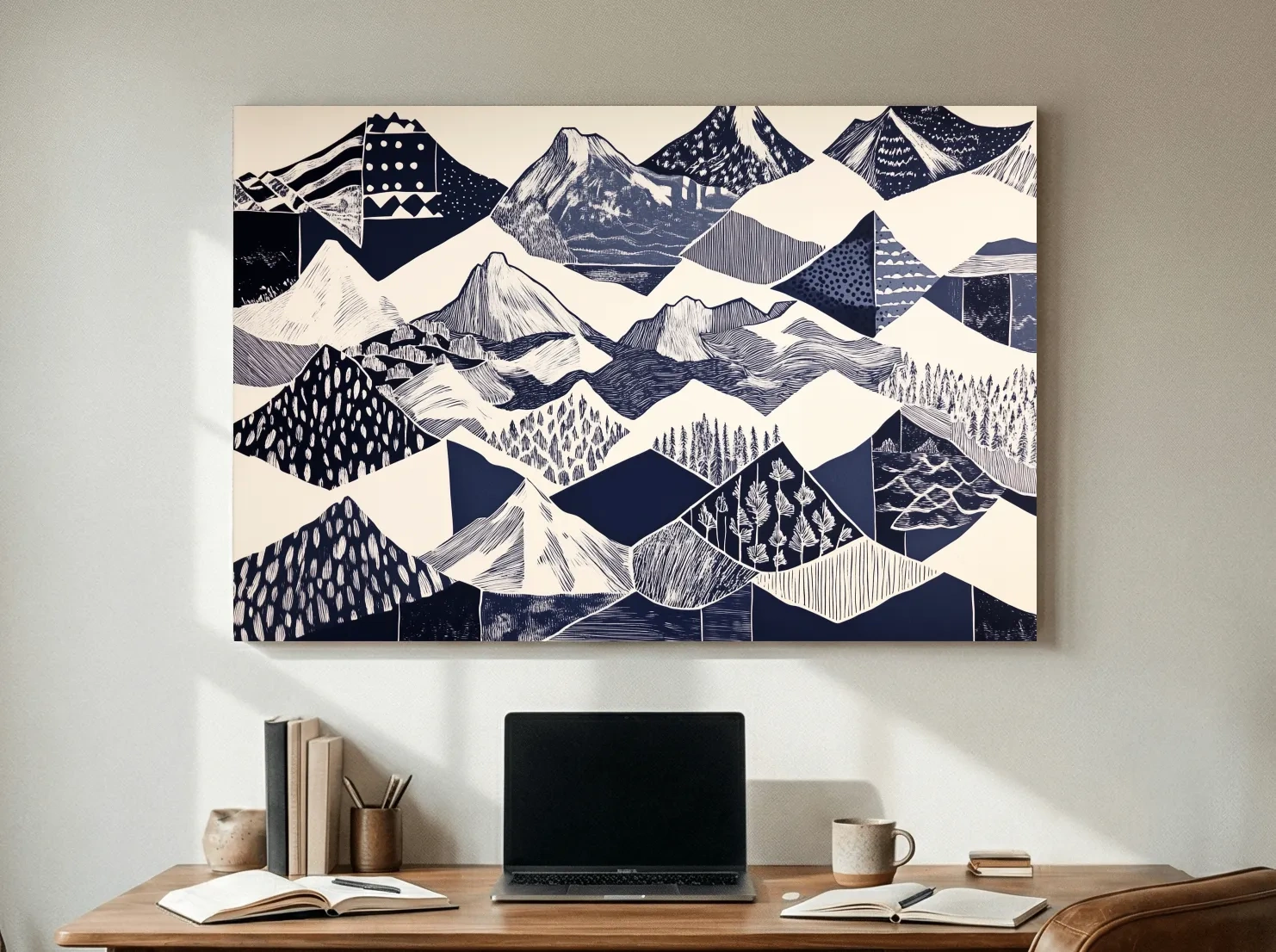 Linocut Patchwork Mountain Range Illustration - Modern Landscape Artwork