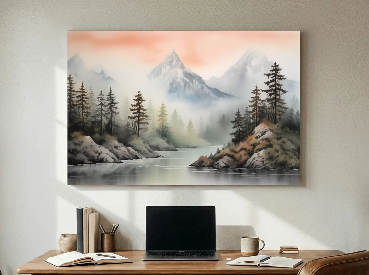 Misty Watercolor Mountain Lake Landscape - Serene Pine Forest Wall Art