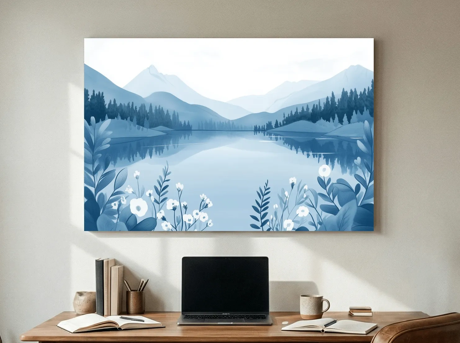Serene Mountain Lake Illustration - Minimalist Alpine Landscape Wall Art