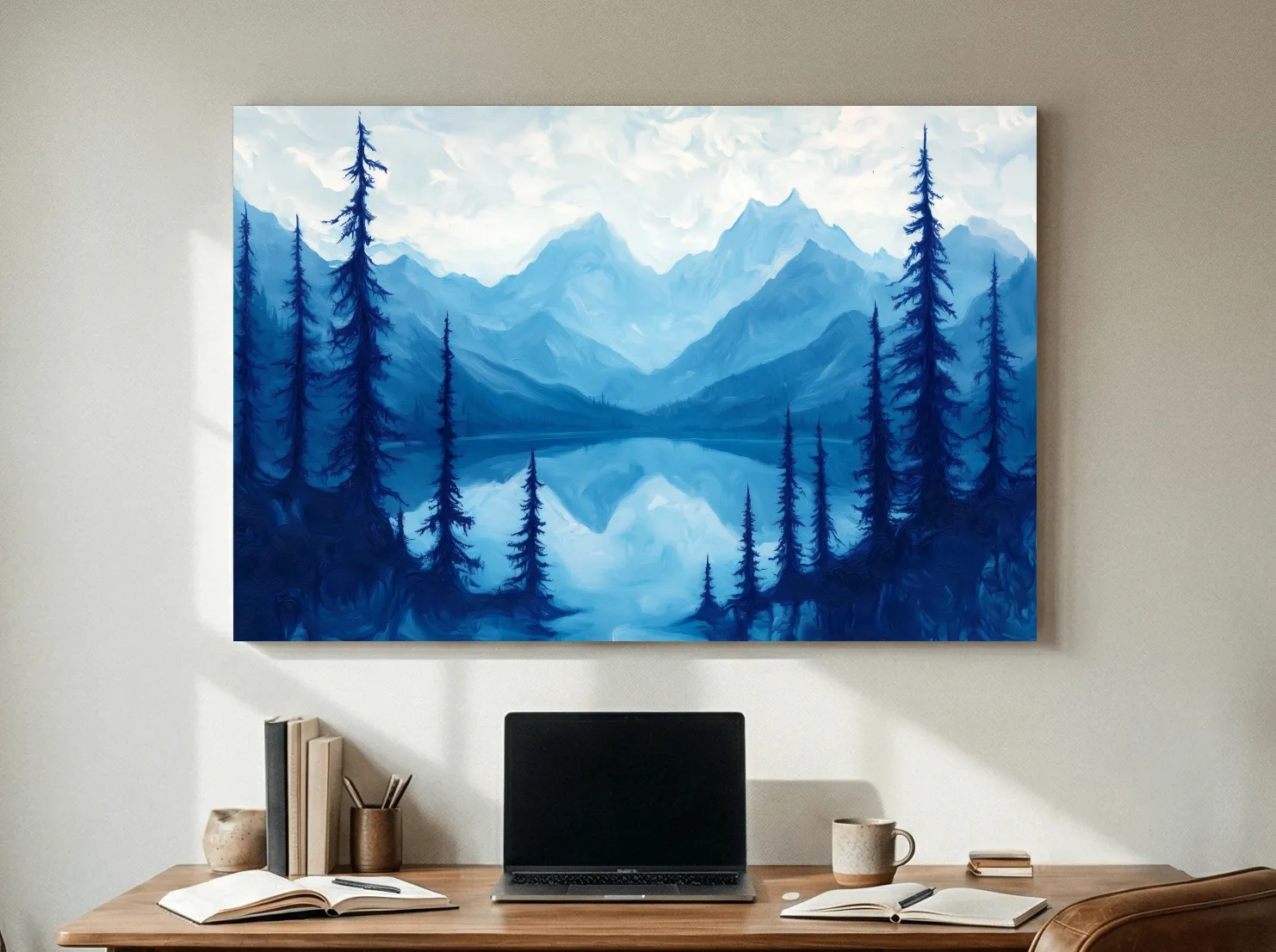 Serene Blue Mountain Lake Oil Painting - Alpine Forest Landscape Artwork
