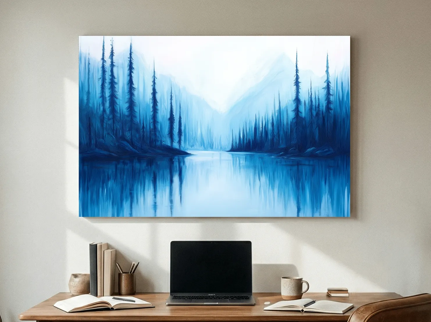 Misty Blue Alpine Lake & Pine Forest - Impressionist Landscape Painting Artwork