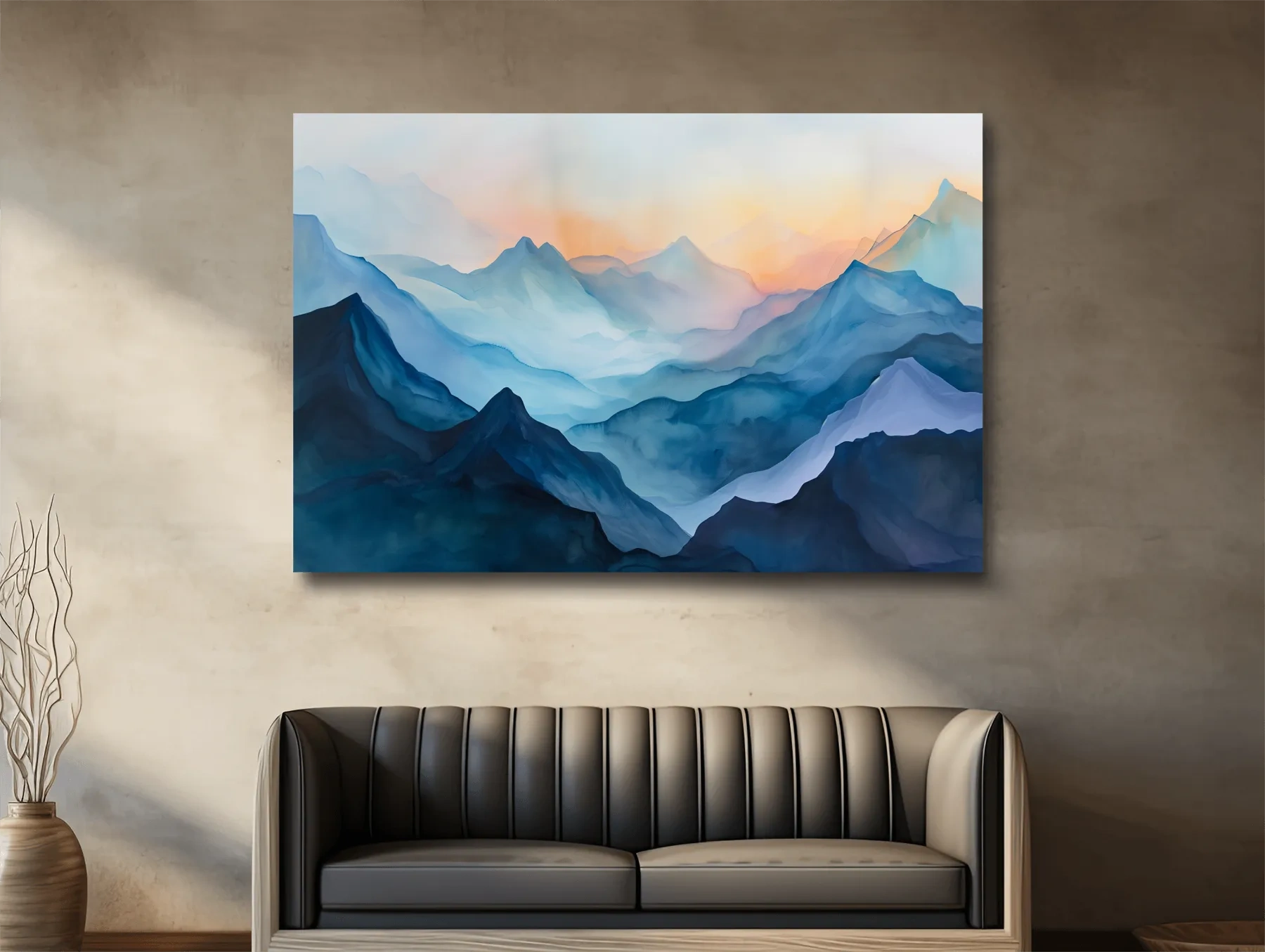 Misty Sunrise Watercolor Mountain Range - Serene Abstract Landscape Wall Art